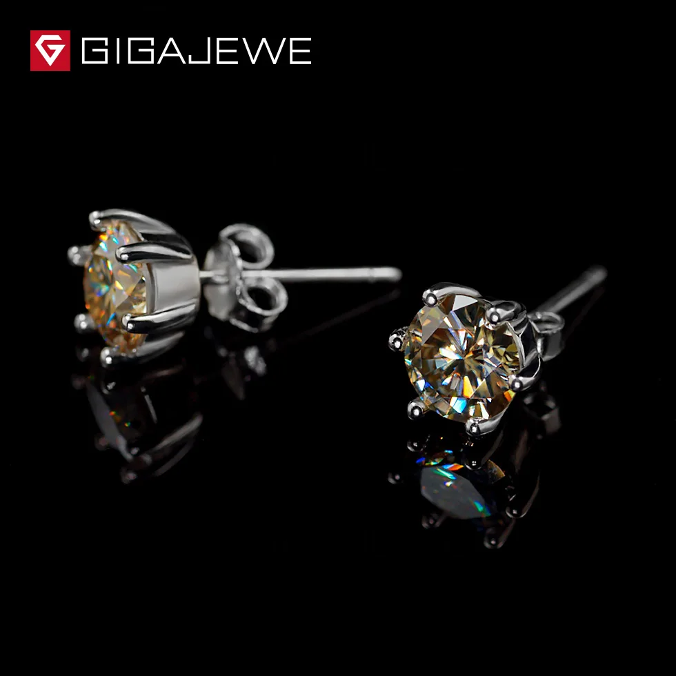 GIGAJEWE Муассанит Золотая круглая огранка общая 1.6ct выращенные лабораторно алмазы 6 зубцов Серебряные серьги Модные украшения подарок девушке
