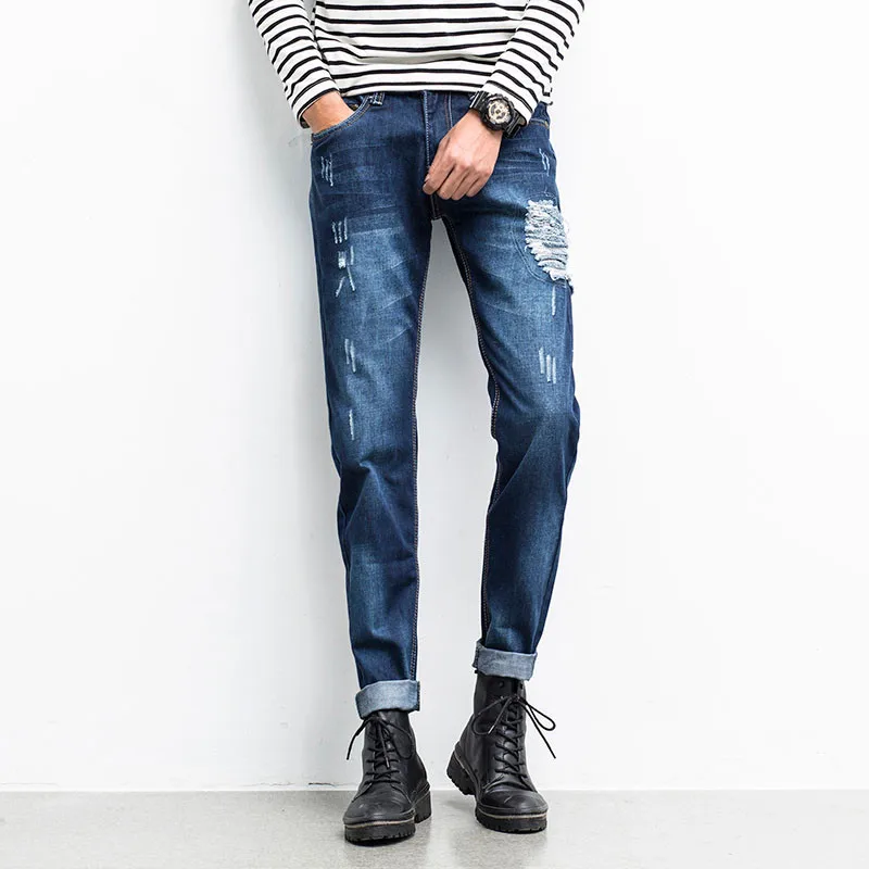 Мужские Джинсы Рваные 2017 Лето Slim Fit Узкие Мужчин Патч Прямо Уничтожить Мыть |
