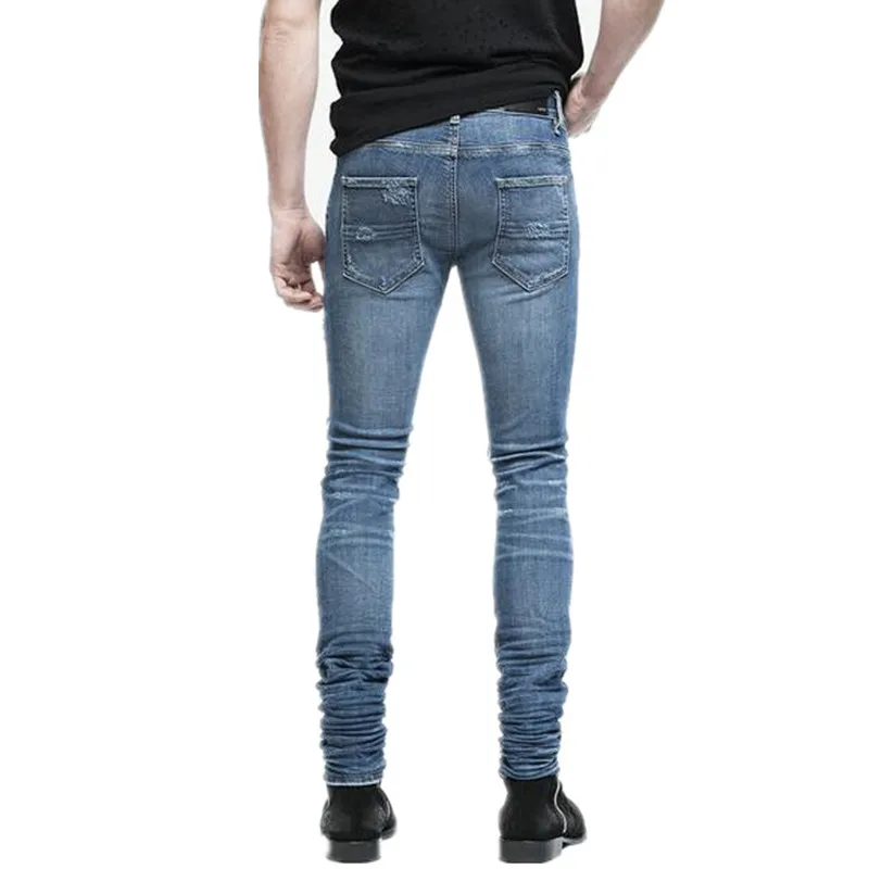 Фото Джинсы мужские зауженные на молнии, байкерские Брюки slim fit, винтажные рваные джинсы Джастина Бибера, синие №5