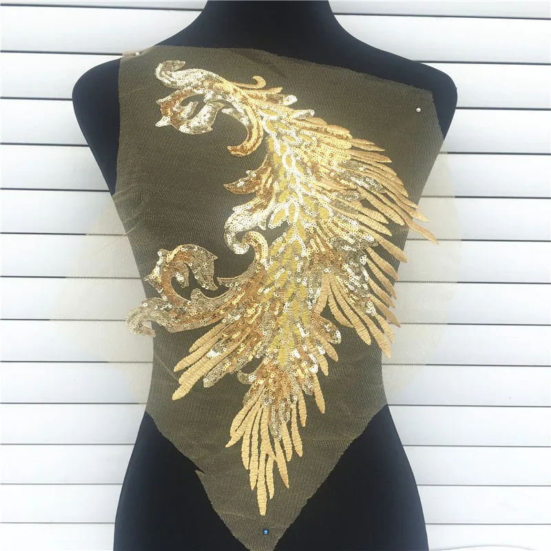 Золотые вышитые кружева блёстки Павлин перо крыло патчи швейная Аппликация DIY