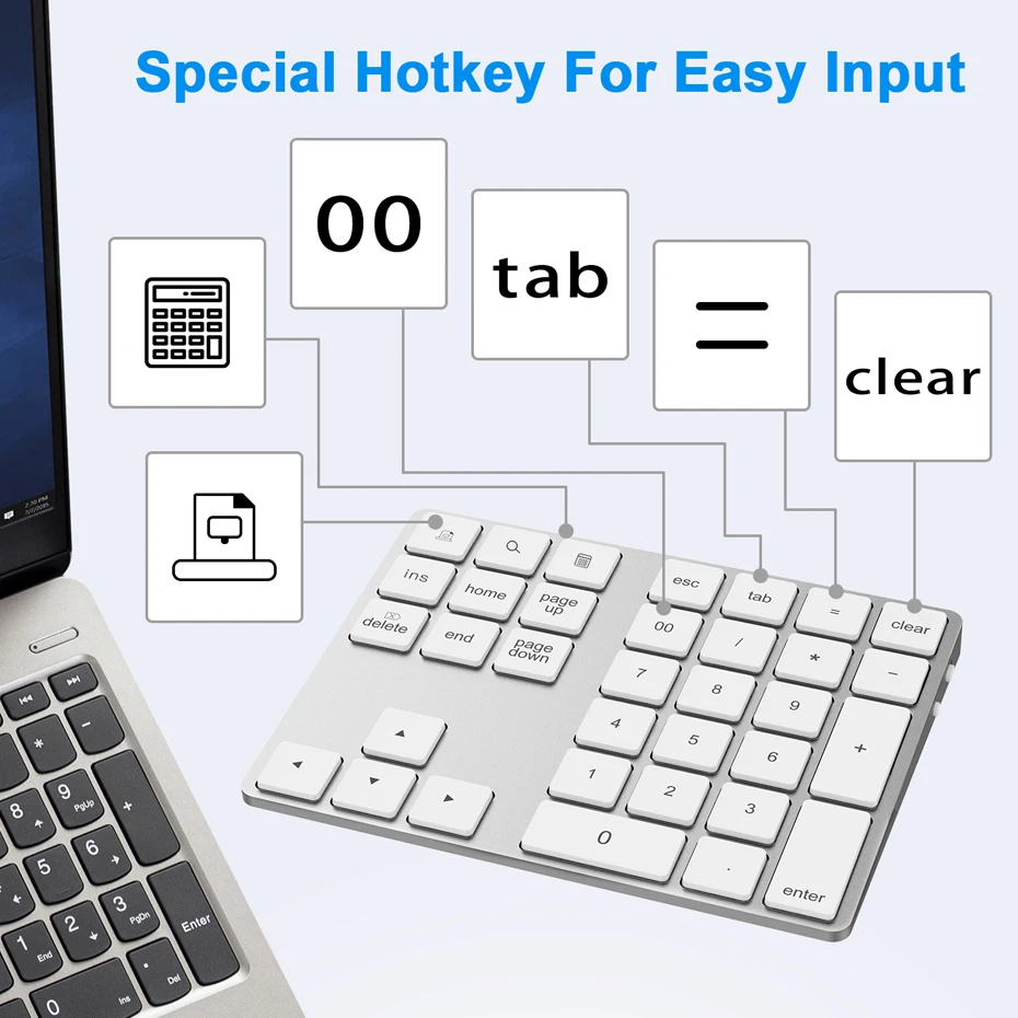 AVATTO Aluminum Alloy Bluetooth Wireless Numeric Keypad with USB HUB Digital Input Function for Windows,Mac OS,Android laptop PC