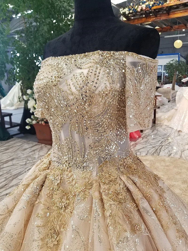 LS39542 роскошное Золотое кружевное вечернее платье для женщин с открытыми плечами