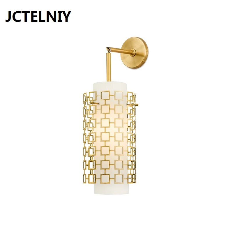 

New Chinese wrought iron hollow designer hotel restaurant living room fashion glass wall lamp LED gold wall lamp