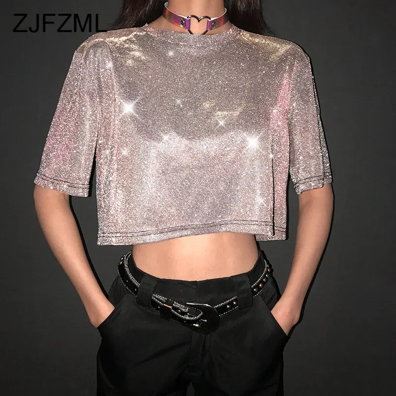 Harajuku панк Bling люрекс футболка женская летняя с коротким рукавом О образным