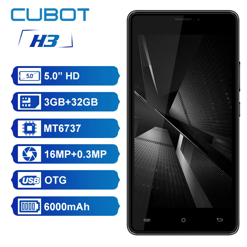 Оригинал Cubot H3 6000 мАч большой Батарея MT6737 Android 7 0 4 ядра 3 ГБ Оперативная память 32