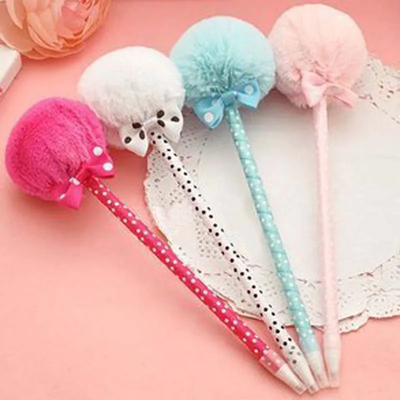 Ballpoint Pen School Stationery Office Supplies Kawaii Balls Plush Bowknot Creative Lovely Girl Gift Student Prizes 4 Pcs / Pack |