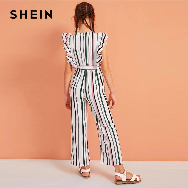 SHEIN/Детский комбинезон для девочек в полоску с оборками и поясом; Детский комбинезон для отдыха; коллекция года; летний праздничный милый детский комбинезон без рукавов в стиле бохо