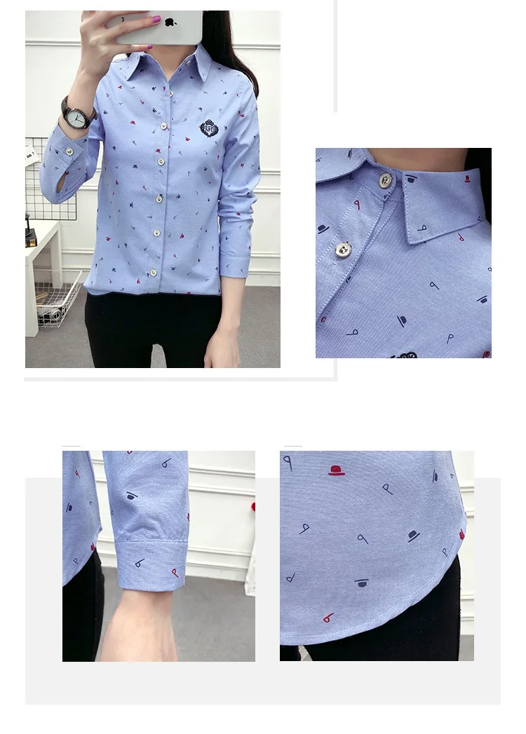 New spring Autumn women Preppy style cotton Contrast color print pattern Turn-down Collar long sleeve blouse shirt casual tops