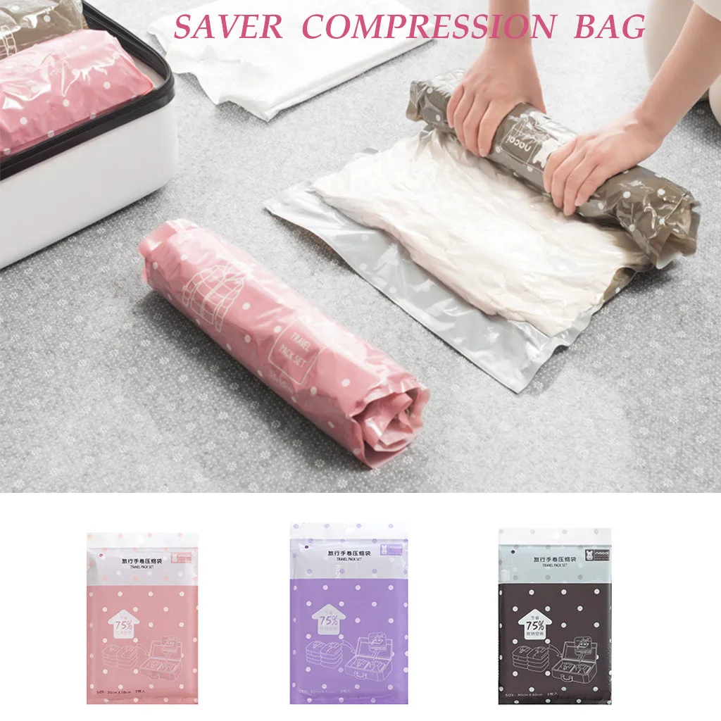 New 1PC Reusable Clothes Compression Bags Hand Rolling Foldable Compressed Seal Bags Plastic Travel Space Saver Storage Bag