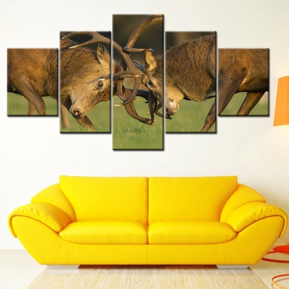 HD печатает картины на холсте домашний декор фотографии 5 шт. два оленя боремся