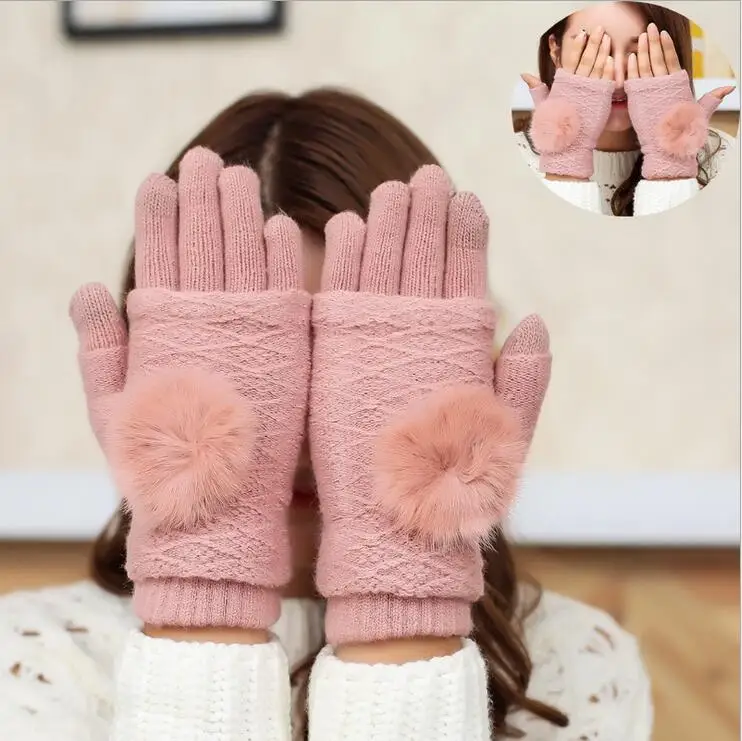 Pink Удивительные мягкие волосы мяч перчатка женская зимняя шерсть двойной плюс бархат утолщенные половина пальца набора теплые перчатки G107 - Цвет: Pink