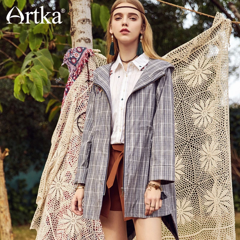 ARTKA Весна 2018 новый вышивка шнурок Тренч с капюшоном Ретро Повседневная мода плед