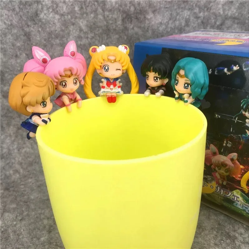 

6pcs/set Anime Cartoon Girl Soldier Sailor Moon Crystal Gashapon ChibiUsa Cup ornament Elastic Tea Decoration Action figure Toy