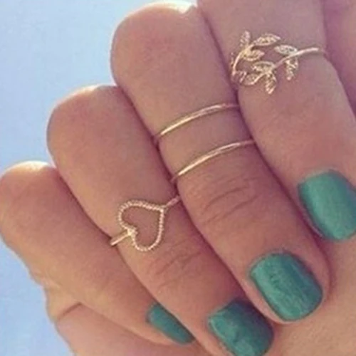 5 Компл. Горный Хрусталь Листьев Сердце Над Костяшки Midi Кольцо Стека Boho Ювелирных