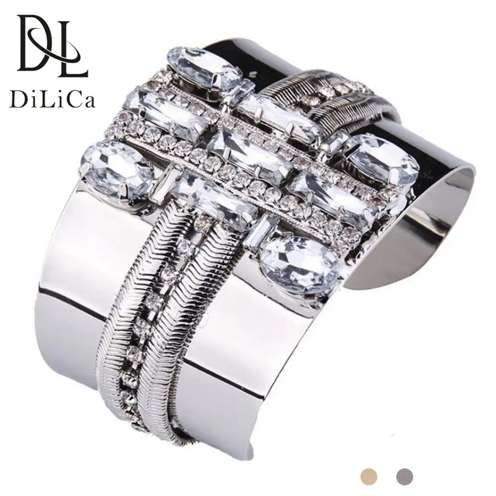 

DiLiCa Vintage Bracelet for Women Metal Wide Cuff Bangles Bracelets Crystal Statement Bracelet Wristband Gold Silver Color