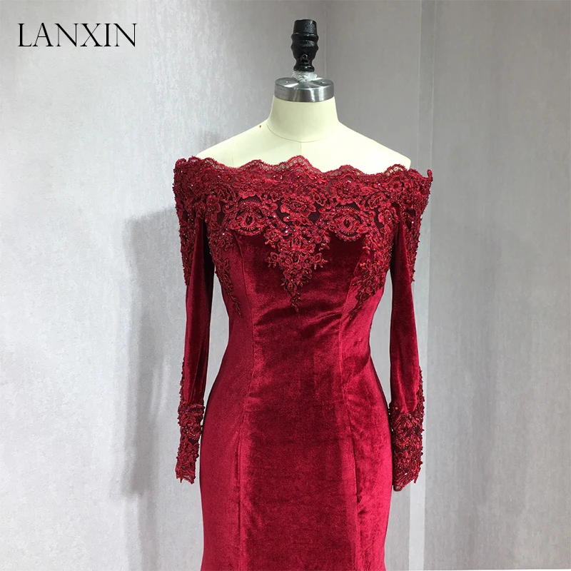 Бордовые бархатные вечерние платья русалки Robe de Soiree с открытыми плечами и
