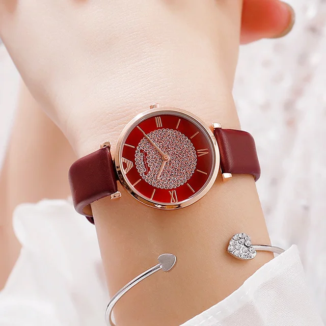 leather red Роскошные часы для женщин с кристаллами под платье магнитные часы модные женские дизайнерские Montre Femme наручные часы водонепроницаемые часы xfcs - Цвет: leather red