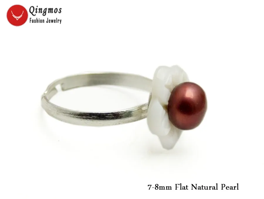 Qingmos Natural Red Pearl Ring for Women With White Shell Flower &amp 7-8mm Flat Opening Adjustable #8-#9 Jewelry rin41 | Украшения и