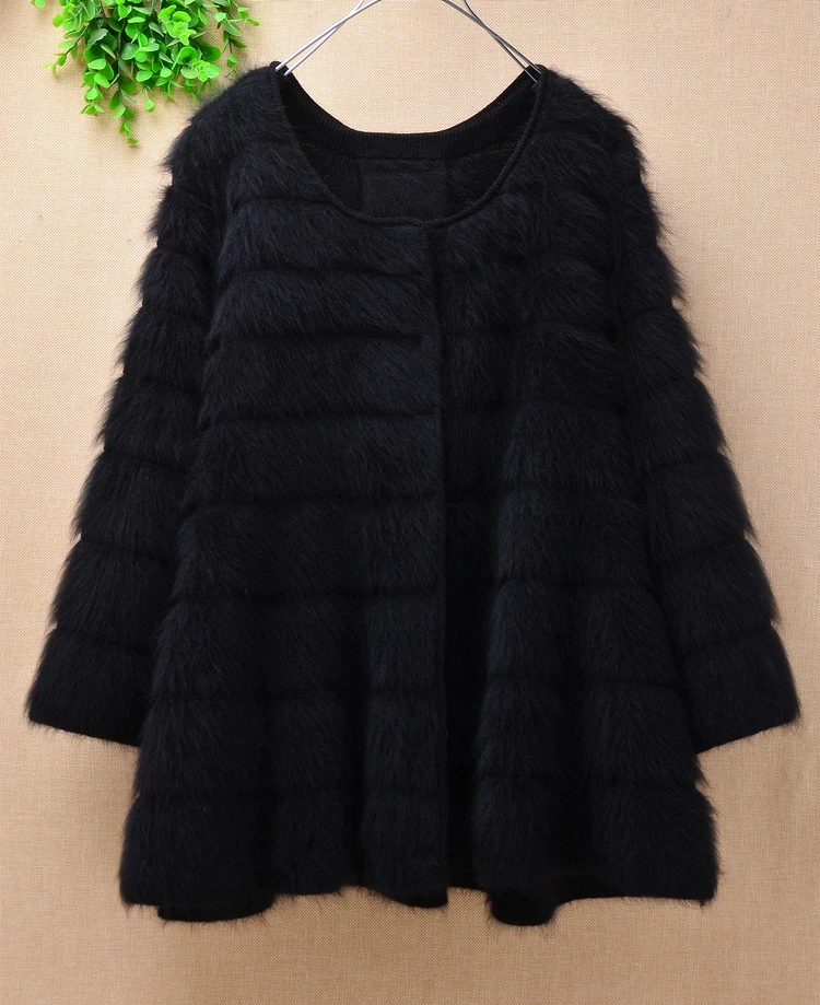 lady thick warm geniune plush angora rabbit fur strip cardigan Women long flare sleeves women mink cashmere sweater coat winter |