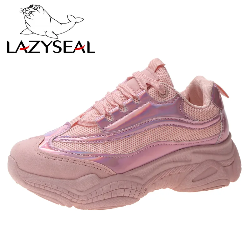 LazySeal/сетчатая дышащая обувь; женские кроссовки; дышащие кроссовки на платформе; женские ботинки на шнуровке; женская обувь; кроссовки; chaussure - Цвет: Pink