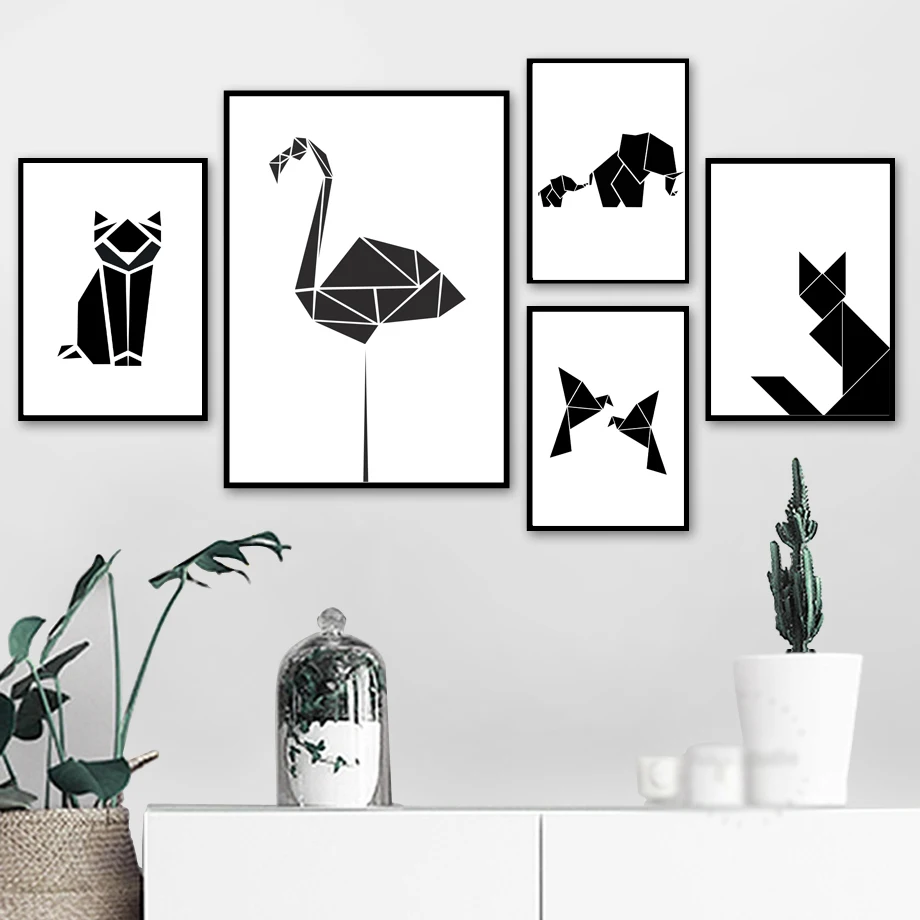 Абстрактная черно-белая Геометрическая Кошка Собака Декор со слоном настенная
