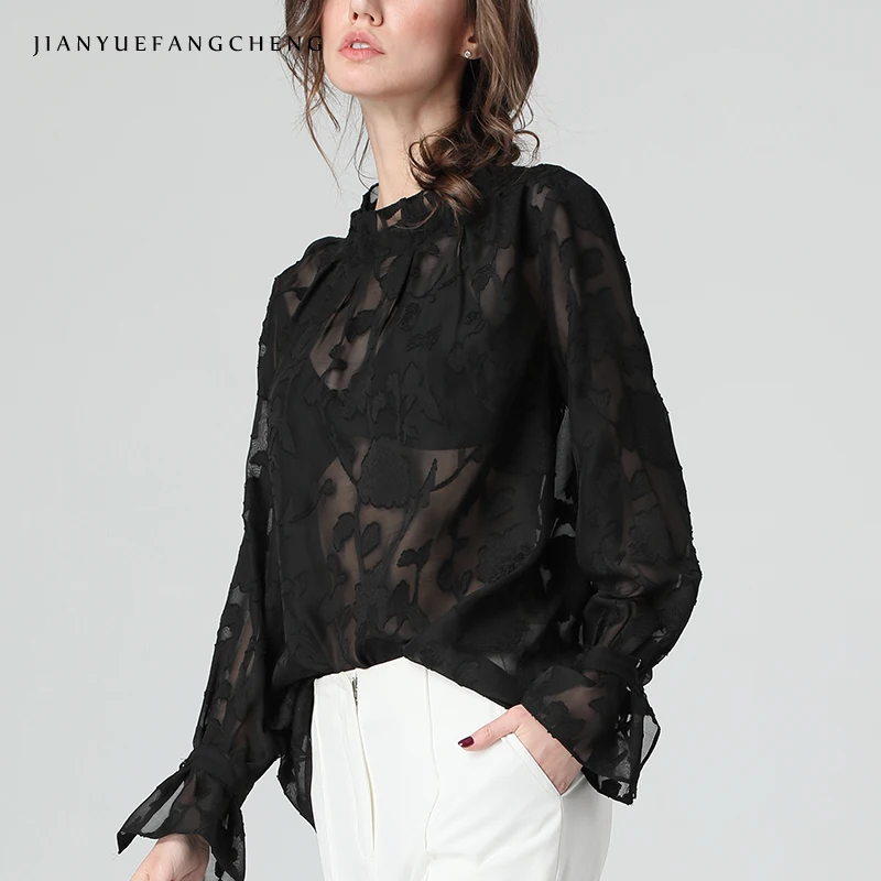Женская прозрачная шифоновая блузка с цветочным рисунком, с рюшами, расклешенная, с длинным рукавом, черный топ с бюстгальтером, сексуальная свободная, размера плюс, женские летние блузки