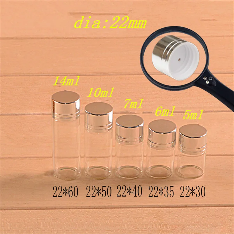 

25pcs 5ml 6ml 7ml 10ml 14ml Small Glass Bottles With Silver Color Plastic Screw Cap DIY Wishing Bottles 5 Kinds of Size