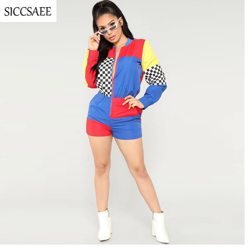 Боди в клетку контрастных цветов Лоскутные Комбинезоны повседневная одежда