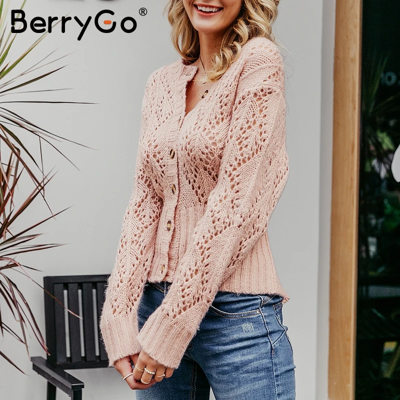 BerryGo выдалбливают вязаный крючком свитер кардиган Женщины зимний леди с длинным