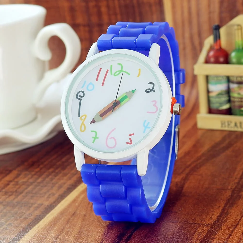 blue Silicone Candy Color Student Quartz Watch Girls Clock Fashion Pencil Pointer Wristwatches Children Cartoon Kids Gift Watches - Цвет: blue