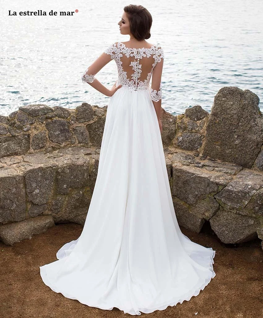 

Robe de mariee new lace chiffon half sleeve high slit ALine ivory beach wedding dress long vestidos de noiva plus size suknia