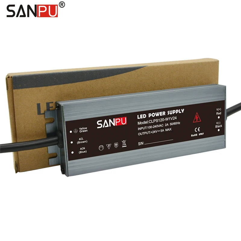 Sanpu LED адаптер питания 24 в 120 Вт 5A водонепроницаемый IP67 постоянное напряжение переменного тока в постоянный 24 вольт легкий трансформатор тонкий светодиодный драйвер 24 В постоянного тока