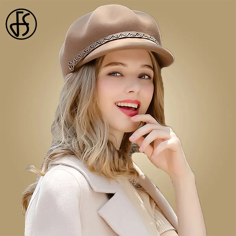 Brown Beret Cap FS, зимний женский Французский Берет, шапка-Утконос, шерсть, фетровые шапки, Осенние, Ретро стиль, элегантные Восьмиугольные шапочки, газетчик, теплая шапка, серая, винно-красная - Цвет: Brown Beret Cap