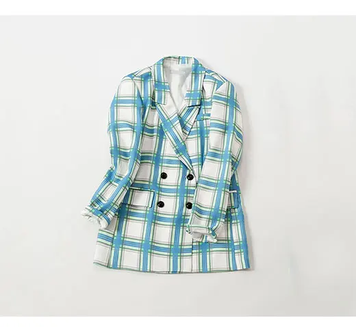blazer Весенние большие клетчатые офисные женские брючные костюмы Модные Зеленые и синие двубортные блейзеры и брюки женские комплекты из 2 предметов - Цвет: blazer