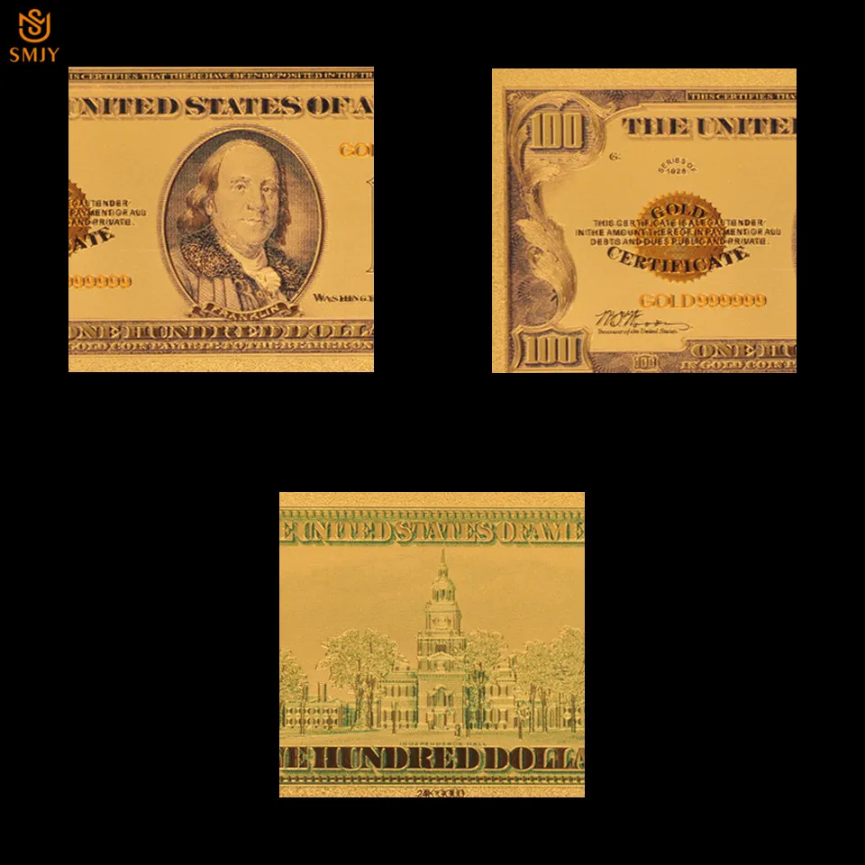 Коллекция 1928 цветных банкнот США 100 долларов 24kin Позолоченные искусственные