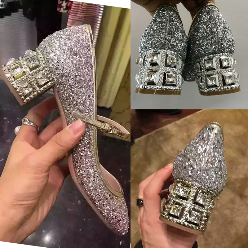Wedding shoes female 2018 new bridal in the thick with round head rhinestones silver sequined crystal banquet | Обувь