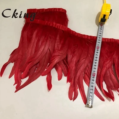red Красивая лента для свадебной вечеринки, 2 метра, с натуральными птичьими Петушиными хвостиками и перьями, кружевная лента DIY 20-25 см - Цвет: red