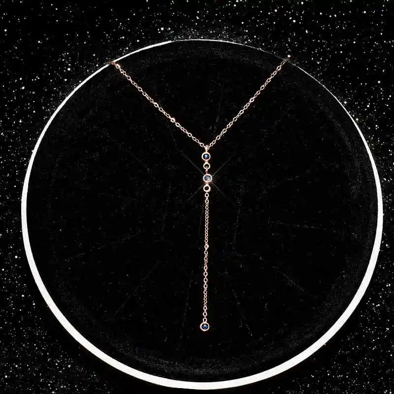 

YUN RUO New Arrival Rose Gold Color Fashion Three Blue Zircon Tassel Pendant Necklace Titanium Steel Jewelry Woman Gift Not Fade