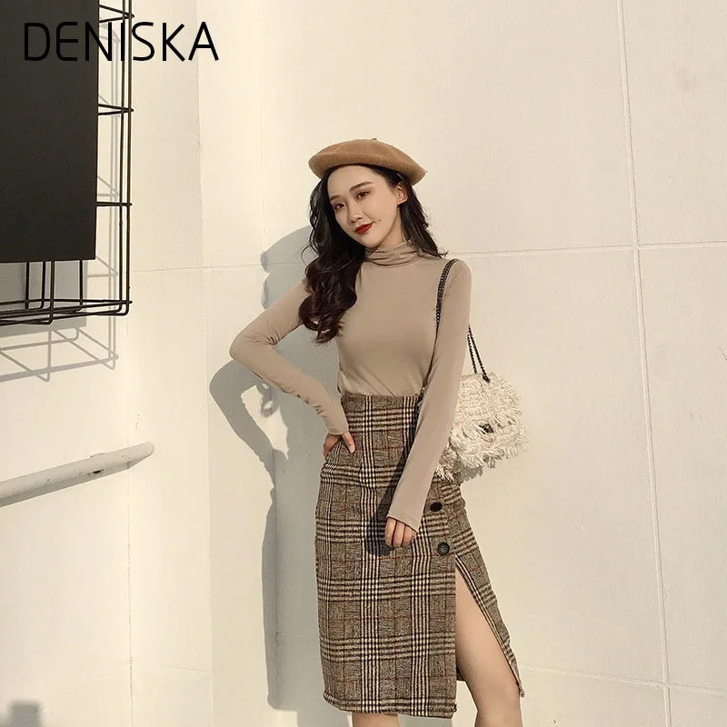 Дениска 2018 для женщин Шерсть юбки Высокая талия линия плед шерстяная юбка Леди