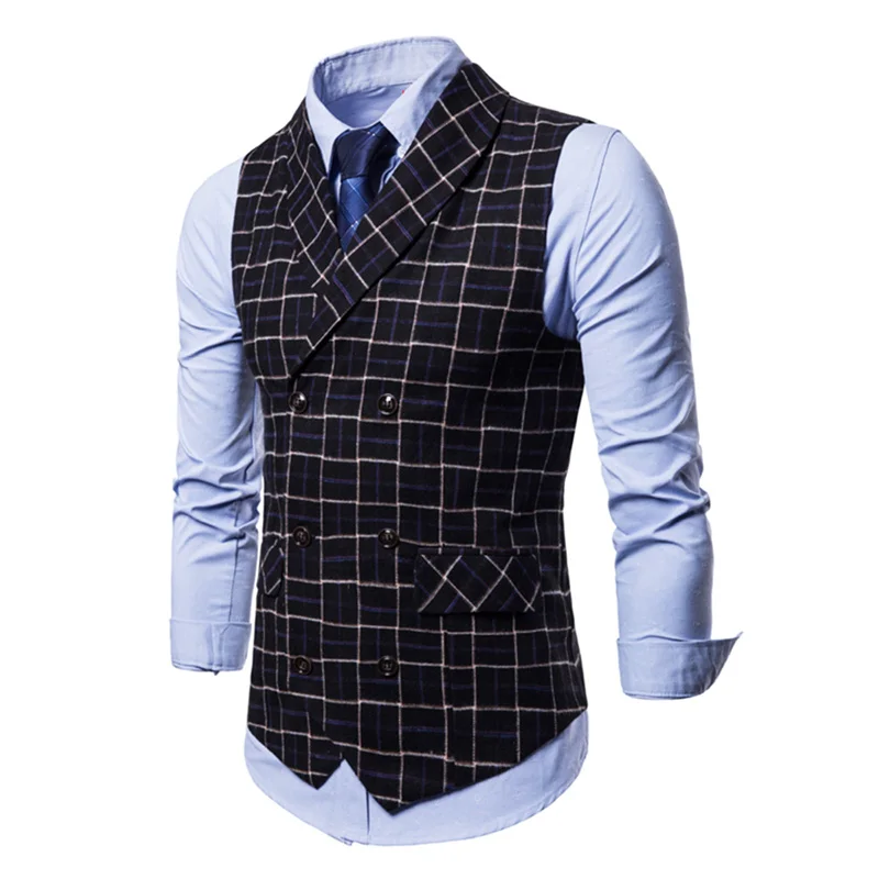 Мужской жилет с принтом в клетку облегающий двубортный | Мужская одежда