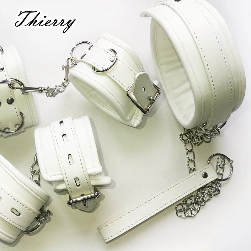 Thierry Luxury Soft white Bondage Restraints Handcuffs Collar Wrist Ankle Cuffs for Fetish Erotic Adult Games Couple Sex Product 