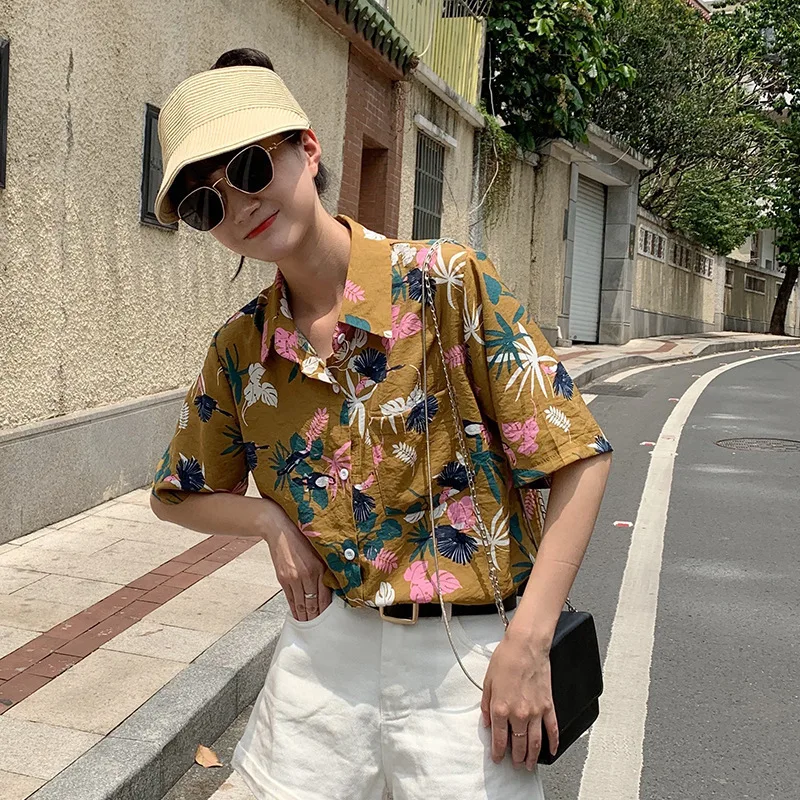 Летние блузки рубашки Новинка 2019 Женская мода с коротким рукавом Цветочный принт