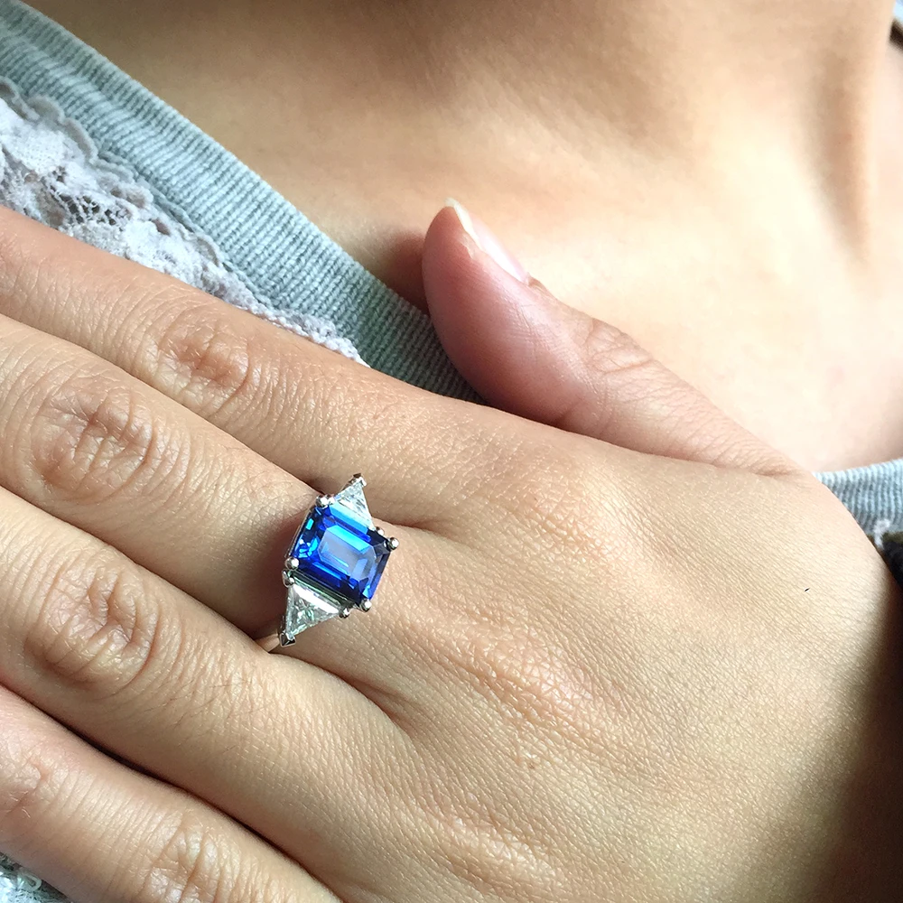 14 к белое золото 3.21ct Изумрудное кольцо 7x9 мм лабораторный сапфировые обручальные с 1ctw белый Moissanite кольцо