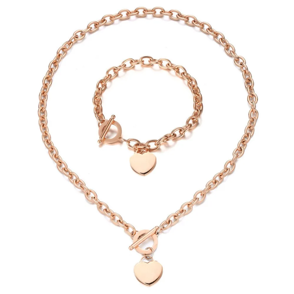 Stainless Steel Chain Heart Jewelry Sets For Women OT Clasp Peach Charm Toggle Necklace Bracelet Set | Украшения и аксессуары