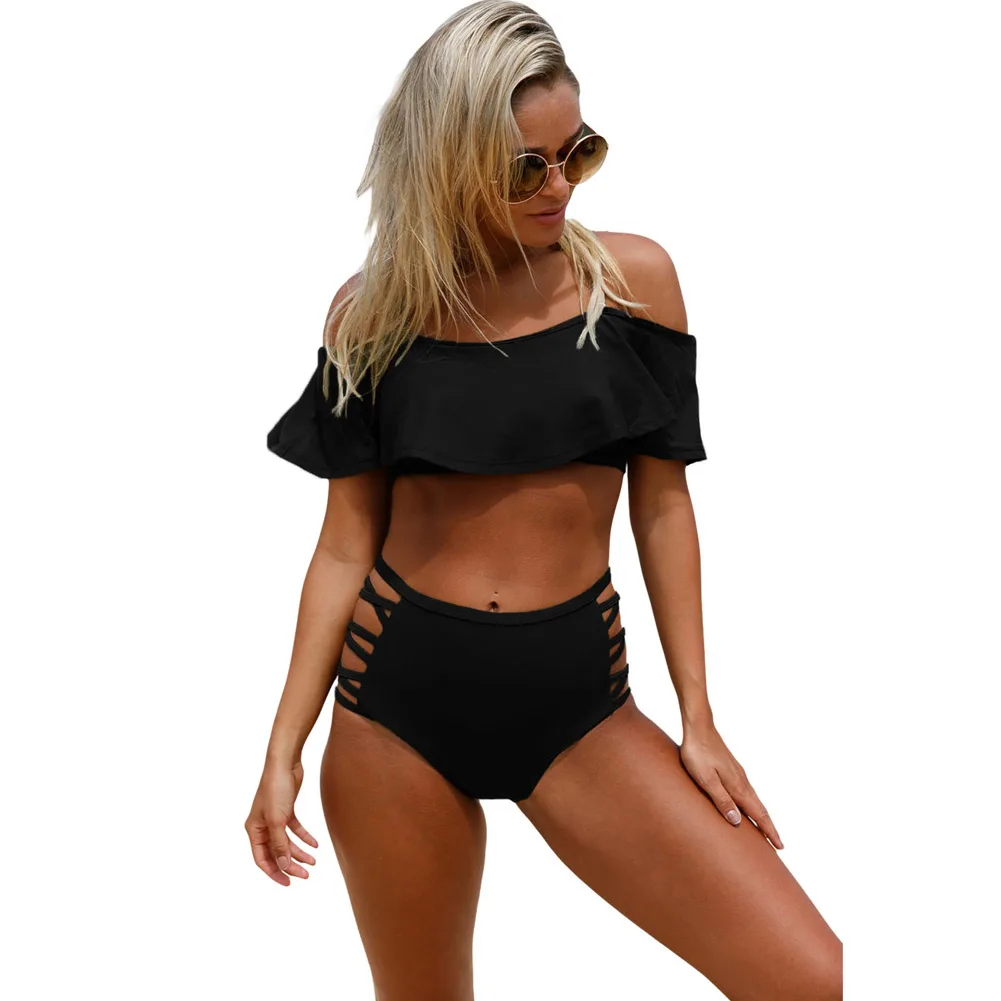PLUSLAND летний сексуальный женский однотонный бикини с оборками и открытыми