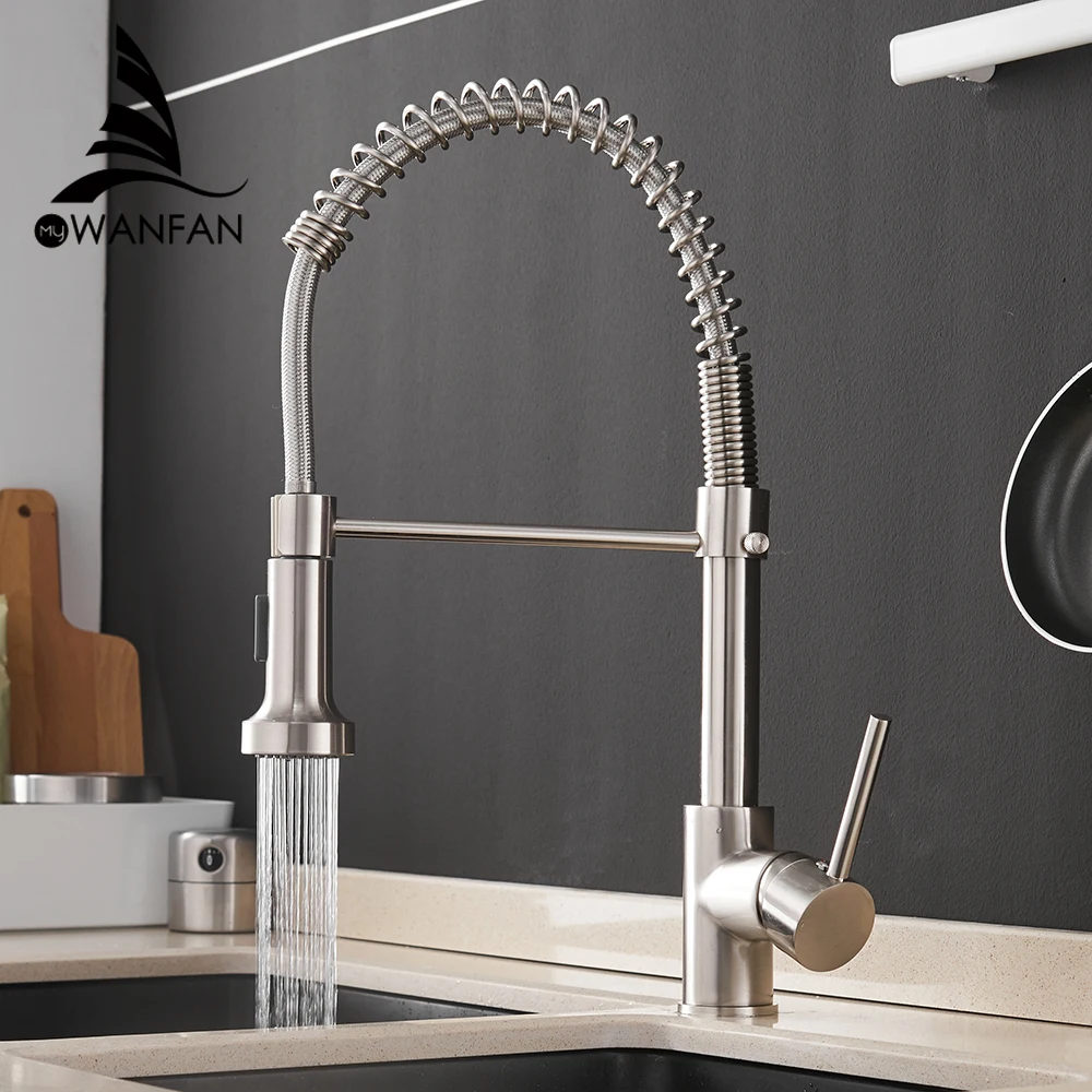  Kitchen Faucets Brush Brass Faucets for Kitchen Sink  Single Lever Pull Out Spring Spout Mixers Tap Hot Cold Water Crane 9009 