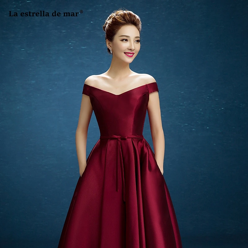 

sukienki na wesele damskie 2020 new satin sexy V neck OFF shoulder Burgundy bridesmaid dress long cheap gaun pesta dewasa