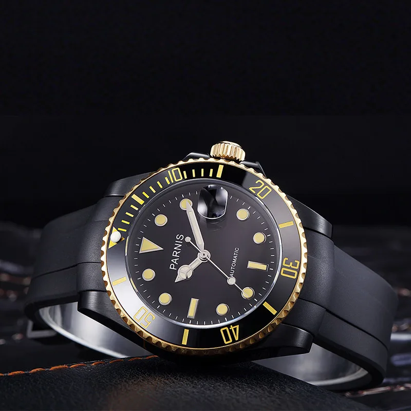 black yellow rubber Parnis 40 мм Мужские автоматические механические часы керамические 100 м водонепроницаемые стальные часы mekanik erkek kol saati reloj automatico - Цвет: black yellow rubber