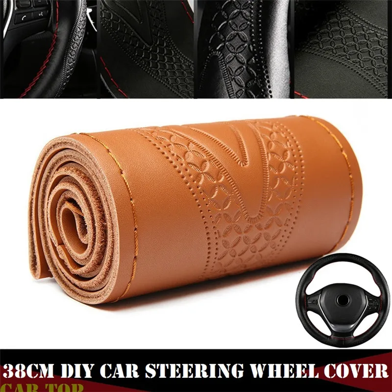 Steering Wheel Braid Fashion Embossed Car Steer Wheel Case Car Accessories 38CM Genuine Leather Steering Wheel Cover