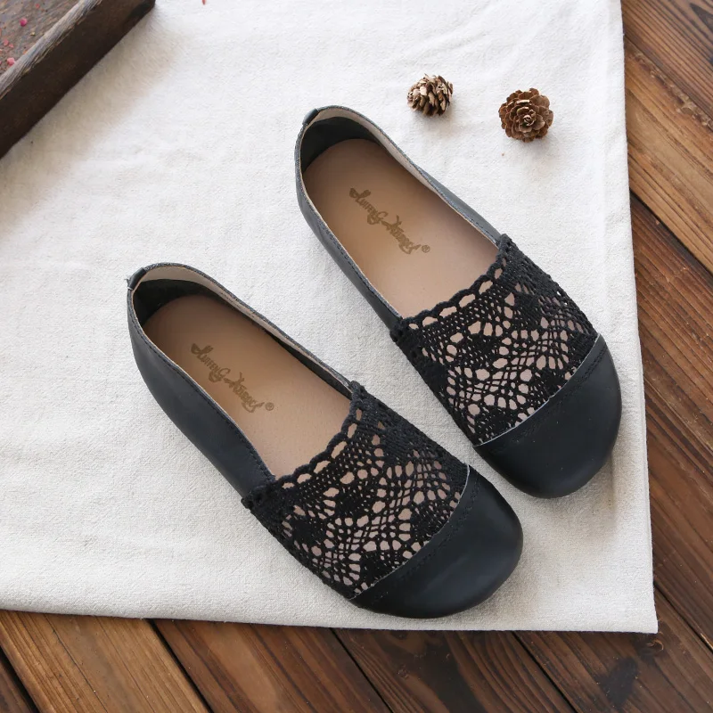 Careaymade-Cowhide and Lace mesh hollow casual shoes, low-top flat-soled round beans summer Grandma's Casual shoes,3 colors